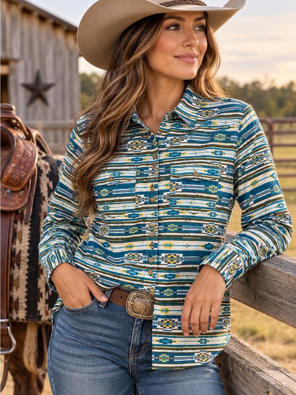 RANK 45 Women’s XXL Southwestern Aztec Western Button Down Shirt Blue Geometric